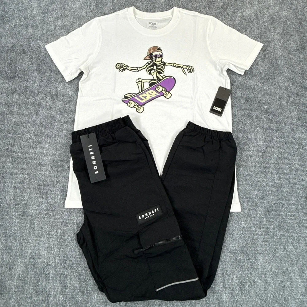 LCKR Sonneti Boys L 14-16 Skateboard Skeleton Tee Cargo Joggers Set NWT